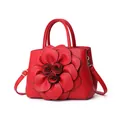 Red PU leather college style handbag featuring 3D floral decoration and shoulder strap - Large Flower Style / Red
