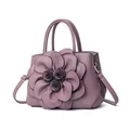 Violet PU leather handbag featuring a large 3D floral decoration and gold hardware - Large Flower Style / Purple