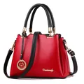 Fashionable red and black large capacity handbag with golden metal hardware detail - Burgundy