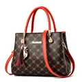 Dark brown tote bag with gold monogram, red handles and a cat tassel charm - Dark Coffee With Red Handle