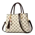 Sac à main beige avec motif trèfle marron, pendentif à pompon et bandoulière réglable - Blanc Crème Avec Poignée Café Foncé