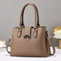 Detail view of brown pebbled leather handbag with elegant half-round gold-toned metal buckle - Khaki