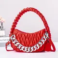 Red woven pleated handbag with thick silver chain and braided handle for women - Red