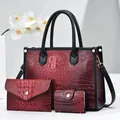 Three-piece red embossed crocodile pattern handbag set with tote, wallet and pouch - Wine Red