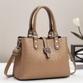Chic brown crocodile pattern large tote bag with elegant floral metal clasp and handles - 28x12x21cm / Khaki