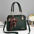 Elegant dark green lychee leather handbag with golden hardware and decorative silk scarf - 29*12*21cm / Green