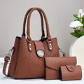 Brown 3-piece bag set with woven embossed texture and detachable shoulder strap - One Size / Brown