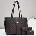 Three-piece large brown tote bag set with monogram print and crossbody strap for women - Coffee