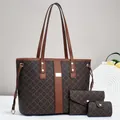 Three-piece large capacity tote bag set with monogram print and brown faux leather trim - Coffee and Brown