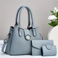 Detail of grey-blue 3-piece bag set with woven texture tote and silver metal buckles - One Size / Blue