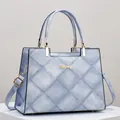 Large capacity vintage blue denim tote bag with quilted texture and gold hardware - Light Blue