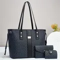 Three-piece set detail with tote bag and pouches featuring blue geometric lattice patterns - Black