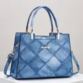 Blue denim texture quilted tote bag with gold metal logo and adjustable strap - Sky Blue