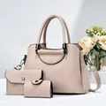 Detailed 3-piece set featuring handbag, wallet, and purse in beige litchi leather - Khaki