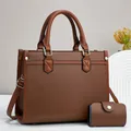 Zweiteiliges Set aus braunem PU-Leder-Shopper und Geldbörse mit stilvollem Muster - Tote Handtasche Und Geldbörse Kombi / Braun