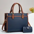 Marineblaue Tragetasche aus strukturiertem Leder mit braunem Besatz und Geldbörse - Tote Handtasche Und Geldbörse Kombi / Dunkelblau