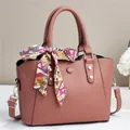 Minimalist large capacity faux leather tote bag in dusty rose pink with decorative scarf - Pink