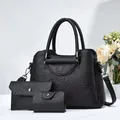 Three-piece set of black litchi pattern leather handbags and purses for women - Black