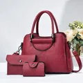 Red 3-in-1 women's handbag set with tote, envelope clutch and coin purse in lychee pattern - Wine Red
