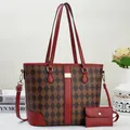 Brown quilted tote bag with red leather trim and matching coin purse set - Red