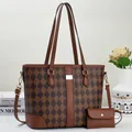 Quilted tote bag set with contrast colors and embossed logo pattern in brown faux leather - Brown