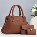 Three-piece brown litchi pattern handbag set including tote bag, wallet and card holder - Khaki/Earth Yellow
