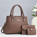 Three-piece brown litchi leather handbag set including a tote, wallet and coin purse - Brown