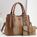 Fashionable striped canvas tote bag with matching pouch and brown leather handles - Khaki