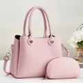Pink minimalist leather tote bag set with matching pouch and adjustable shoulder strap - Two-piece Set (Main Bag + Coin Purse) / Pink