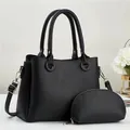 Minimalist black pebble leather tote bag with matching coin purse and gold hardware - Two-piece Set (Main Bag + Coin Purse) / Black