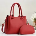 Minimalist red leather tote bag and zip pouch set with gold hardware and shoulder strap - Two-piece Set (Main Bag + Coin Purse) / Red