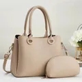 Detail of beige lychee leather handbag set with gold hardware and small pouch - Two-piece Set (Main Bag + Coin Purse) / Khaki