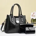 Three-piece black embossed leather handbag set with tote, wallet, and card holder - 28/13/21cm / Black