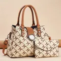 Elegant beige tote bag with brown W print pattern and matching small envelope clutch set - Khaki & Mustard Yellow