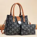 Elegant grey patterned tote bag with matching wallet and brown synthetic leather handles - Black and Earthy Yellow
