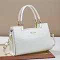 Elegant white crocodile embossed tote bag with gold logo and detachable shoulder strap - Off White