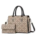 Retro print tote bag set with matching small pouch in beige and brown geometric patterns - Caramel color