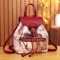Retro denim print backpack with red leather straps and metal buckle closure - Dark Red