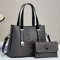 Macro shot of dark grey crocodile pattern handbag and matching wallet with silver hardware - Handbag And Clutch (JC-3104#) / Gray