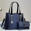 Detail of navy blue crocodile textured gradient tote bag and matching pouch with silver hardware - Handbag And Clutch (JC-3104#) / Blue
