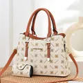 Chic two-piece cream floral tote bag set with brown handles and adjustable strap - Off White