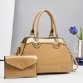 Conjunto de bolso tote grande y cartera de charol brillante caqui con herrajes dorados - Juego de 2 Piezas (Bolso + Bolso de Sobre) / Caqui
