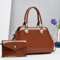 Brown patent leather tote bag with matching envelope clutch and gold hardware detail - 2-Piece Set (Handbag + Envelope Bag) / Brown