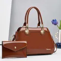 Brown patent leather tote bag with matching envelope clutch and gold hardware detail - 2-Piece Set (Handbag + Envelope Bag) / Brown