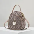 Mini mochila rosa estampada multifuncional con un lindo colgante de gato para mujer - Caqui