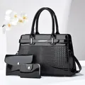 Dreiteiliges schwarzes Tote-Taschen-Set mit Krokodil-Prägung und goldenen Metallbeschlägen - Schwarz