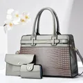 Three-piece grey patent leather tote bag set with crocodile embossing and gold hardware - Three-Piece Set / 30cmx11cmx21cm / Gray