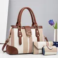 Three-piece women canvas tote bag set with striped patterns and brown leather trims - Off-white