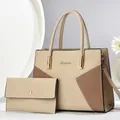 Close-up of a color-block tote bag and matching wallet set with elegant stitching - Handbag and Wallet / Khaki