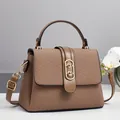 Close-up of brown woven texture handbag with golden buckles and leather strap - 24x10x16cm / Apricot